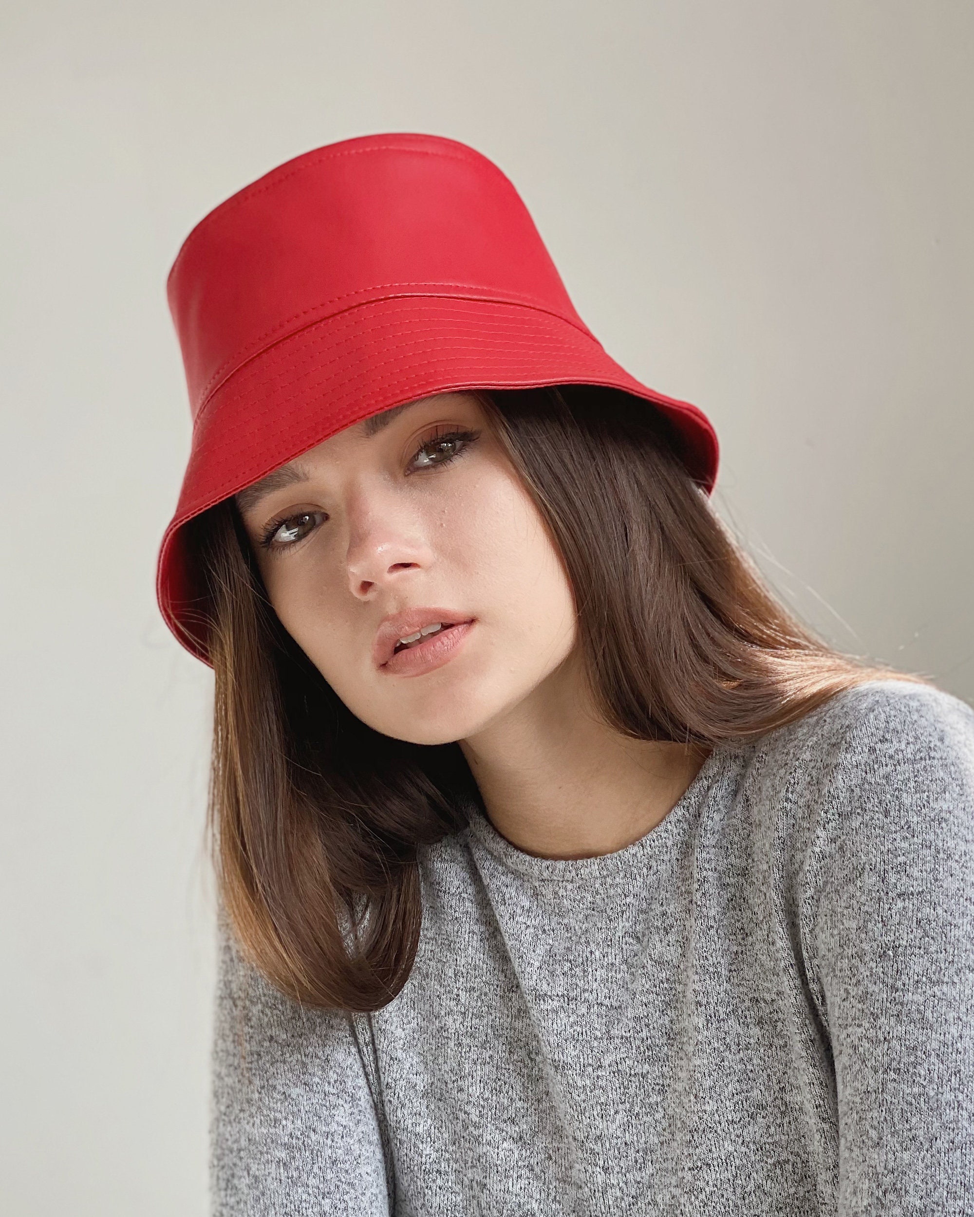 Leather bucket hat for springsummer season. Glossy black Etsy