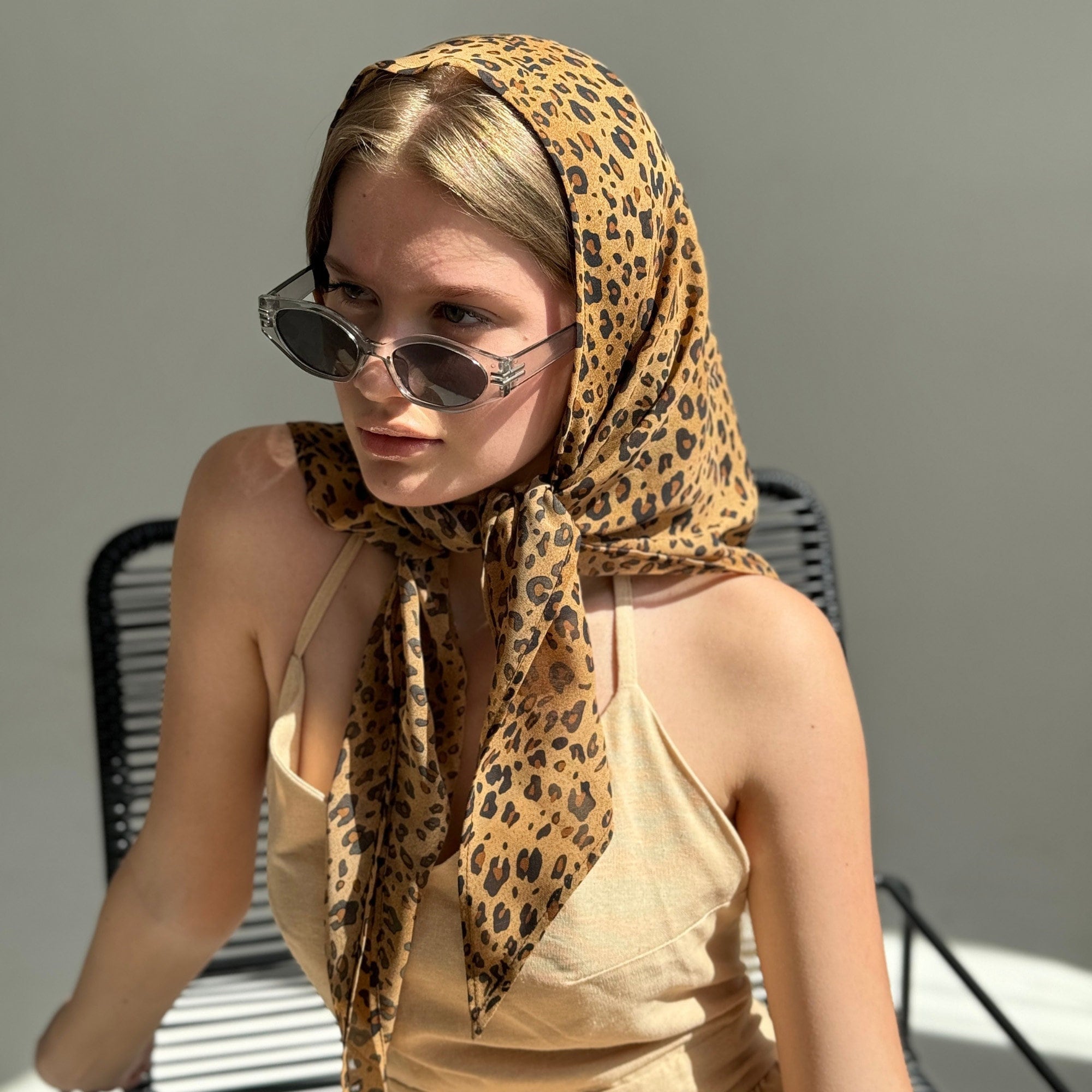 Lightweight Chiffon Headscarf With Leopard Print. Large Bandana