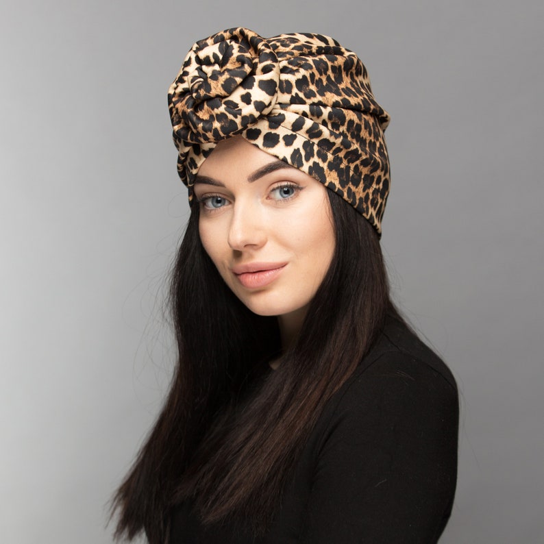 Leopard turban hat for women with flower. Etsy
