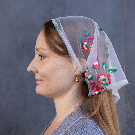 Summer Lace Head Scarf With Flower Embroidery - Etsy display picture 1