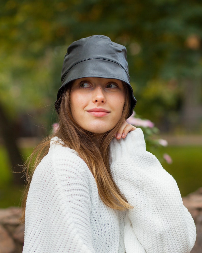 Leather bucket hat with fleece lining inside for women. Glossy Etsy