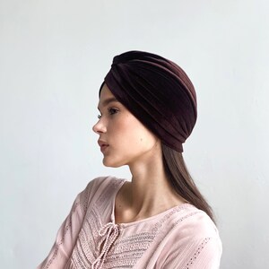 Velvet turban is pre tied and ready to ship from our warehouse in USA worldwide Brown