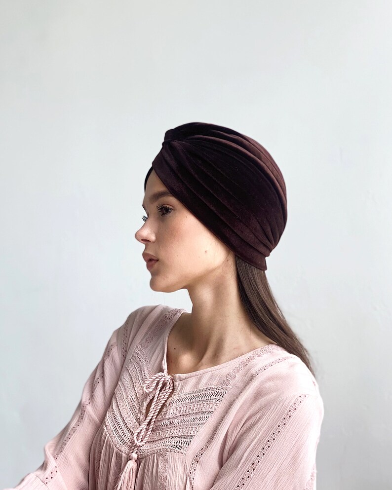 Velvet turban is pre tied and ready to ship from our warehouse in USA worldwide Brown