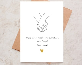 Greeting card - Forever - Wedding - Line art hands and calligraphy font and golden heart, postcard Din A6 with envelope