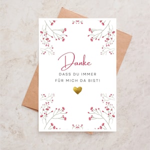 Carte de vœux - Merci d'être toujours là pour moi - police calligraphiée et fleurs rouges, carte postale DIN A6 avec enveloppe, fête des mères