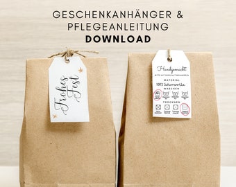 Geschenkanhänger Weihnachten mit Kalligraphie Schrift plus Pflegeanleitung  zum Ausdrucken - DIN A4 - 2 Seiten - PDF digitaler Download