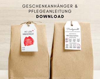 Geschenkanhänger "Mit Liebe handgemacht" plus Pflegeanleitung  zum Ausdrucken - DIN A4 - 2 Seiten - PDF digitaler Download