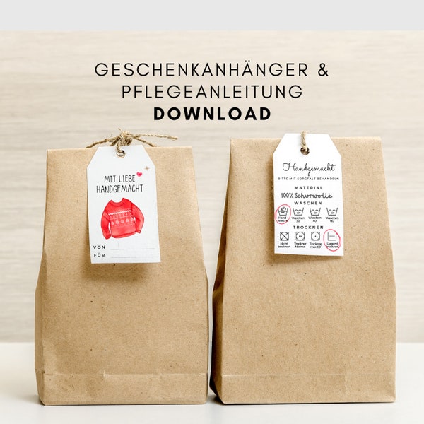 Care instructions and "Mit Liebe handgemacht" gift tags to print out - DIN A4 - 2 pages - PDF digital download