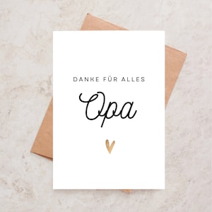 Carte de vœux Merci pour tout grand-père, avec un cœur doré peint et des lettres calligraphiées, carte postale DIN A6 avec enveloppe.