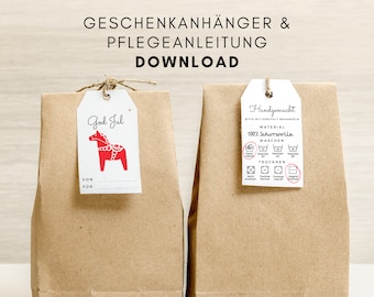 Geschenkanhänger Hygge  Weihnachten Dala Pferd - + Pflegeanleitung und zum Ausdrucken - DIN A4 - 2 Seiten - PDF digitaler Download