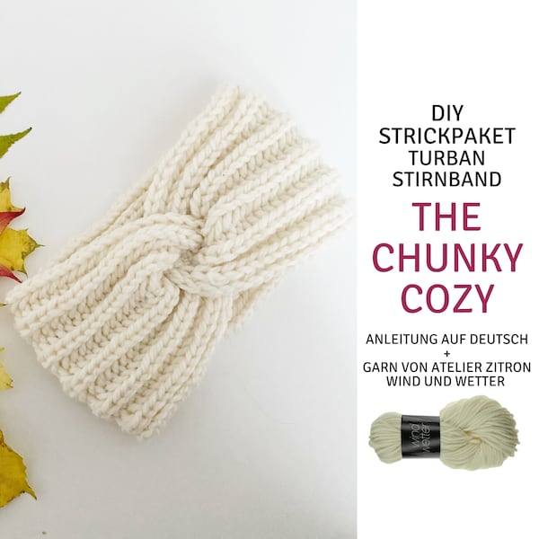 Pacchetto lavoro a maglia fai da te Fascia per turbante XL The Chunky Cozy - taglia unica - istruzioni in tedesco - filato di qualità Merino extrafine