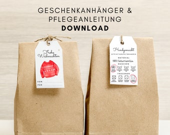 Geschenkanhänger Weihnachten mit winterlichen Strickmotiven und Pflegeanleitung zum Ausdrucken - DIN A4 - 2 Seiten - PDF digitaler Download