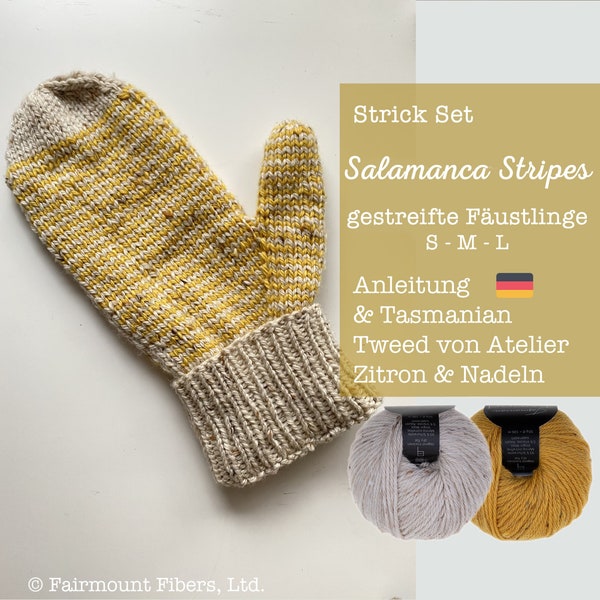 Knit set mittens striped - S-M-L - Tasmanian Tweed Atelier Zitron - Merino extrafine & viscose - Pattern in German - Plus needle set