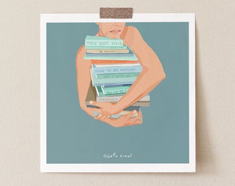 May include: A digital illustration of a person holding a stack of books with motivational titles, including "You Got This", "How to Be Patient", and "Don't Give Up". The illustration is on a blue background with the artist's signature, "Gizella nomal", at the bottom.