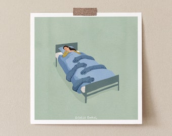 Bed Hug Funny Illustration, Bedroom Illustration Art Print, Cosy Bedroom Art Print, Green Bedroom Art, Bedroom Poster