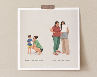 Mother and Daughter Art Print, Motherhood Illustration