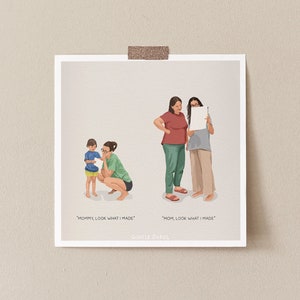 Mom Look, Motherhood Illustration Art, Cute mother and Daughter Art Print, Mother and Daughter Art