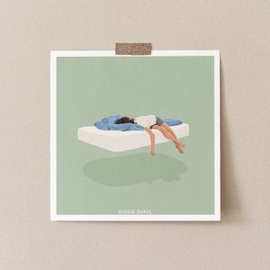 Floating Bed Illustration Art Print, Cosy Bedroom Art Print, Green Bedroom Art image 1