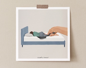 Funny Sleeping Woman Art Print, Bedroom Illustration