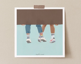 May include: Three pairs of legs hang from a brown surface, with the feet visible. The feet are wearing white sneakers and colorful socks. The background is light blue.