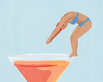 Cocktail Hour Funny Illustration Art Print, Funny Cocktail Wall Art, Cocktail Print, Bar Gift, Alcohol Print, Cocktail Poster, Bar Decor