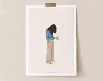 May include: A digital illustration of a person with long brown hair wearing a blue and white striped shirt and beige pants. The person is holding a light blue cup and looking down at it.