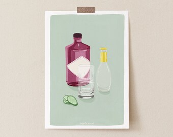 Gin and Tonic Cocktail Art Print, Kitchen Bar Decor