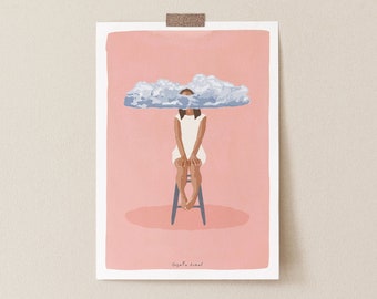 Pink Cloud Meditation Art Print – Surreal Zen Decor