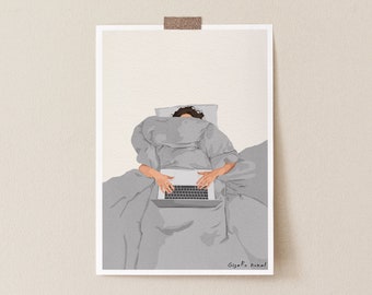 Last Email Before The Weekend, Weekend Mood Self Care Grey Art Print, Work From Home Funny Art Print, Funny Bedroom Illustration Art