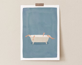Funny Bathtub Art Print, Blue Bathroom Wall Decor