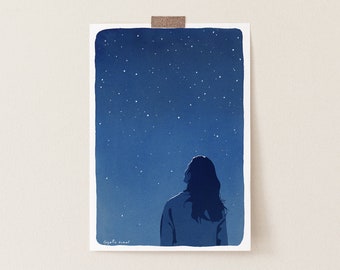 Starry Night Blue Sky Art Print, Woman Looking at the Sky Relaxing Illustration Print, Nature Stars Blue Art, Woman and Nature Art Print