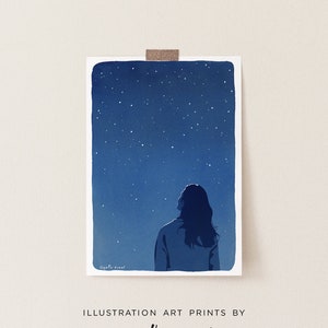 Starry Night Blue Sky Art Print, Woman Looking at the Sky Relaxing Illustration Print, Nature Stars Blue Art, Woman and Nature Art Print