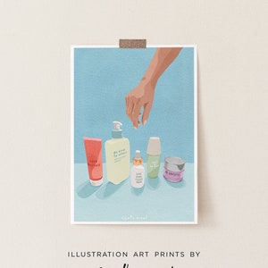 May include: A hand reaches towards a collection of skincare products on a light blue background. The products include a pink tube labeled "Love Yourself", a yellow bottle with the text "Be kind to others", a green bottle with the text "Sun Zero Focus", a green bottle with the text "Be Kind to Skin", and a purple jar labeled "My Solution".