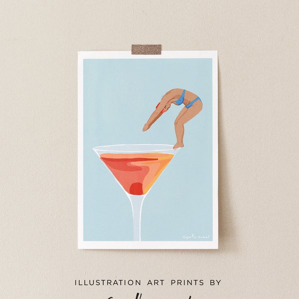 Cocktail Hour Funny Illustration Art Print, Funny Cocktail Wall Art, Cocktail Print, Bar Gift, Alcohol Print, Cocktail Poster, Bar Decor