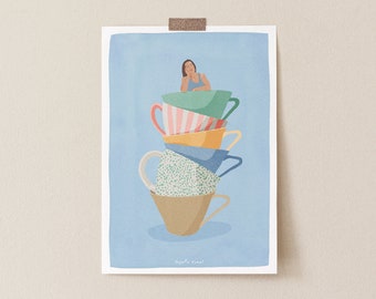 Funny Coffee Cup Stack Illustration Art Print