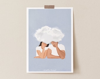 Dreaming Together Romantic Art Print, Couple Goals Romantic Illustration Art Print, romantic Bedroom Art Print, Dreaming Together Blue Art