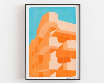 Bauhaus Art Prints, Architecture Art Print, Colorful Art Print Orange, Building Wall Prints, Orange Art Print, Tel Aviv Bauhaus Poster