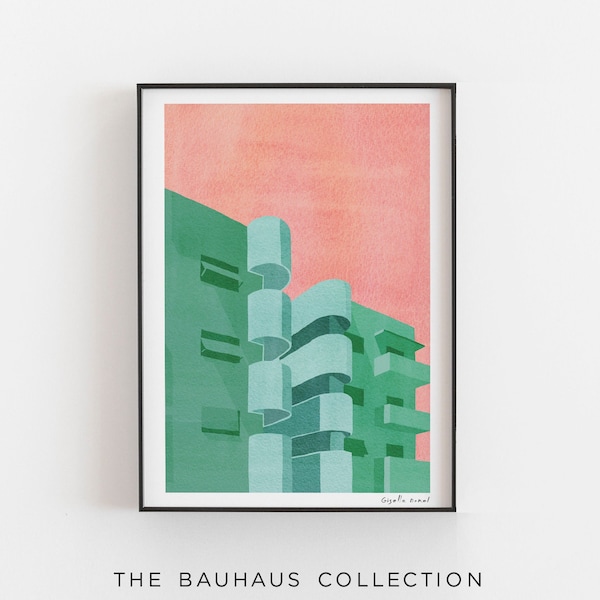 Illustration Art Print, Architektur Art Print, Bauhaus Art Prints, Tel Aviv City Poster, Gebäude Wand Prints, Pink and Green Art Print
