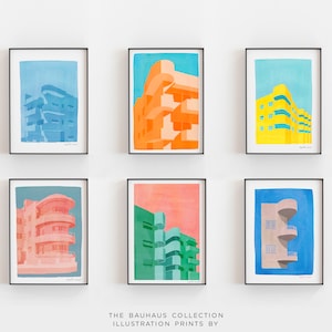 Bauhaus Poster Sammlung 6 Stück, Architektonische Wandkunst Set mit 6 Drucken, Bunte Bauhaus Illustrationen, Architektur Wohnzimmer Kunst