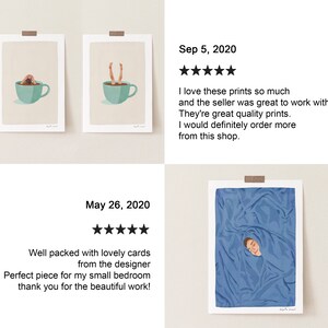 May include: Three digital art prints featuring a person submerged in a cup of coffee, a cup of tea, and a blue sheet. The prints are framed and displayed on a white wall. The text "May 26, 2020" and "Sep 5, 2020" are visible below the prints.