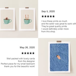 Puede incluir: Tres impresiones de arte digital que muestran a una persona sumergida en una taza de caf&eacute;, una taza de t&eacute; y una s&aacute;bana azul. Las impresiones est&aacute;n enmarcadas y se muestran en una pared blanca. El texto "May 26, 2020" y "Sep 5, 2020" es visible debajo de las impresiones.