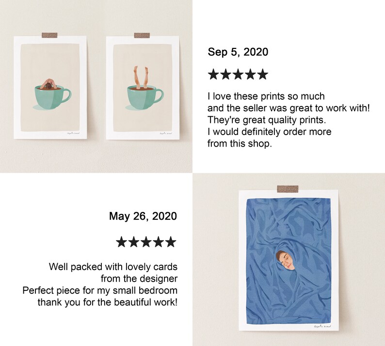 Puede incluir: Tres impresiones de arte digital que muestran a una persona sumergida en una taza de caf&eacute;, una taza de t&eacute; y una s&aacute;bana azul. Las impresiones est&aacute;n enmarcadas y se muestran en una pared blanca. El texto "May 26, 2020" y "Sep 5, 2020" es visible debajo de las impresiones.