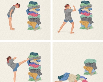 Mom VS Laundry, Funny Laundry room Art, Folding Laundry Illustration, Laundry Room Decor, Sarcastic Mom Art Print