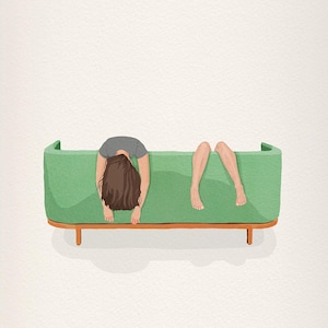Green Sofa Tired Girl Lazy Illustration Art, Funny Illustration Living Room Decor, Minimal Funny Bedroom Art, Tired woman on Sofa Print