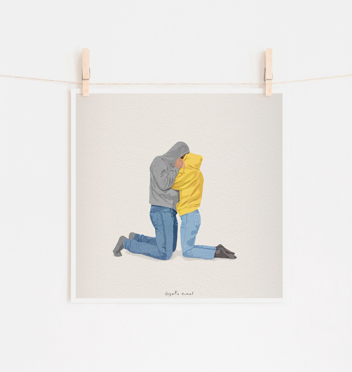 Hoodie Hug Romantic Wall Art Couple Hugging Cute Illustration - Etsy