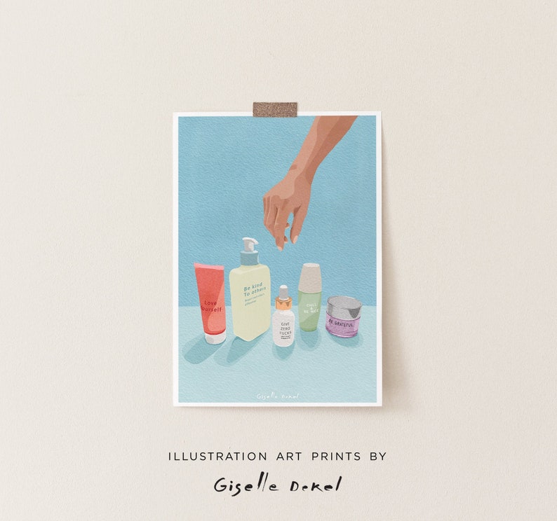 May include: A hand reaches towards a collection of skincare products on a light blue background. The products include a pink tube labeled "Love Yourself", a yellow bottle with the text "Be kind to others", a green bottle with the text "Sun Zero Focus", a green bottle with the text "Be Kind to Skin", and a purple jar labeled "My Solution".