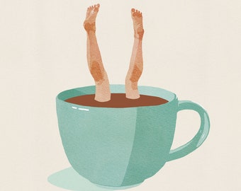May include: Illustration of a large, light blue coffee cup filled with brown liquid. Two legs and feet are sticking out of the liquid. The background is a light beige color.