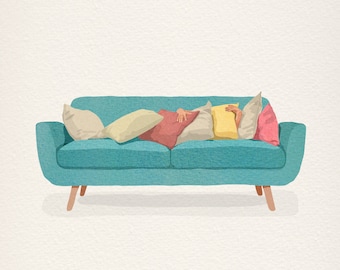 Lazy Sunday Living Room Illustration Art Print, Cosy Bedroom Art Print, Lazy Sunday Sofa, Funny Living Room Print, Sarcastic Illustration