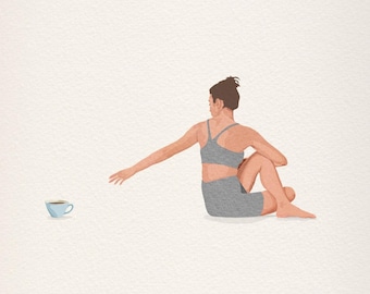 Monday Morning Yoga Routine Illustration Art, Yoga and Coffee Illustration Print, Funny Yoga Art, Coffee Lover, Yoga Illustration
