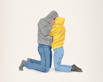 Hoodie Hug Romantic Wall Art, Couple Hugging Cute Illustration Art Print, Cute Wall Art Print, Bedroom Art Print, Hugging Couple Art Print